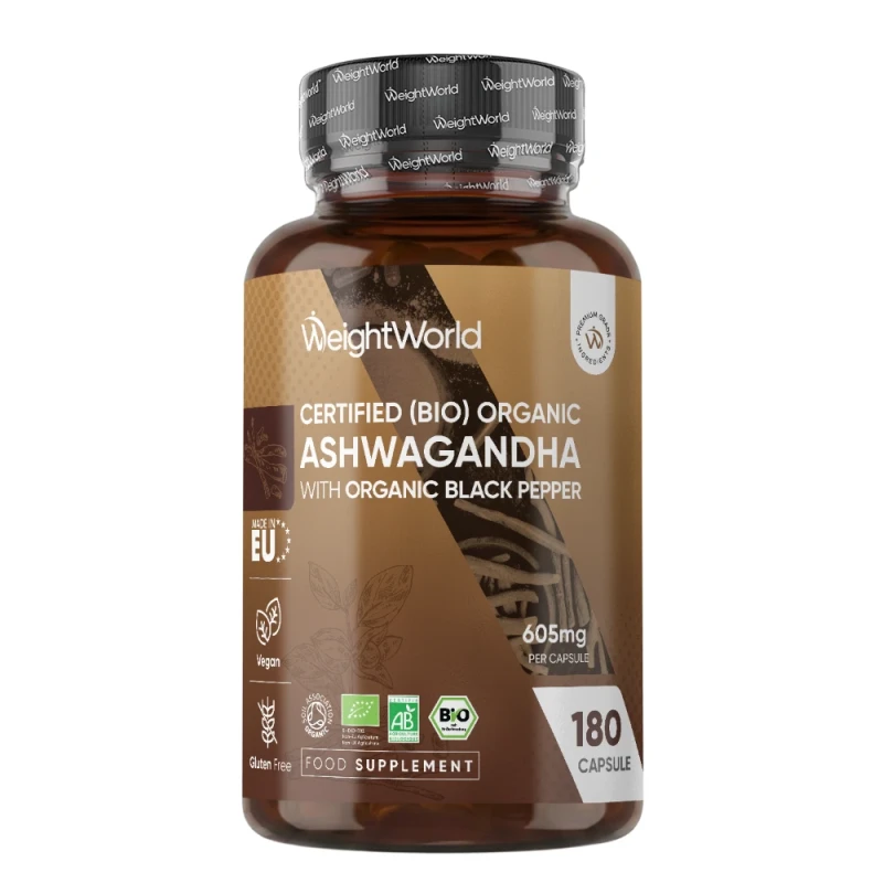 Organic Ashwagandha With Black Pepper | 605mg 180 Capsules | WeightWorld IE