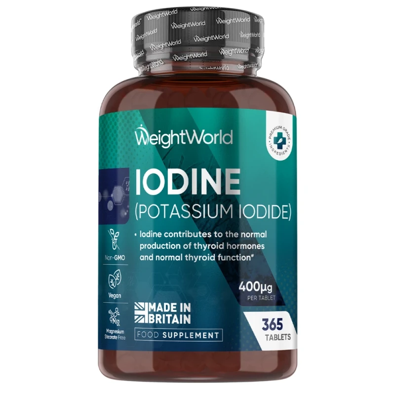 Iodine, 400mcg, 365 tablets - 1 year supply - Vegan Potassium Iodide Tablets by WeightWorld