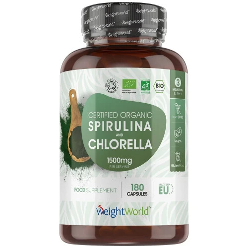 Organic Spirulina and Chlorella - 1500mg. 180 Capsules by WeightWorld